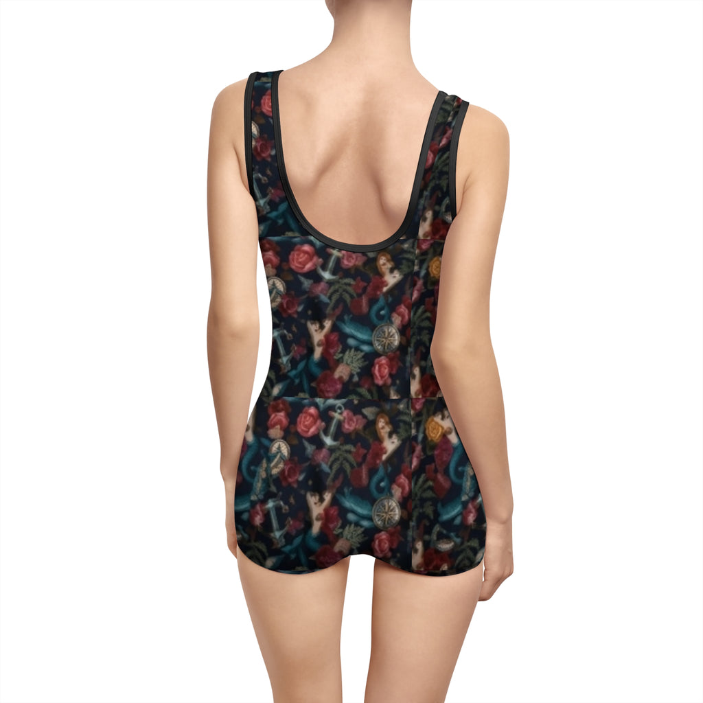 NEW DESIGN -Women's Nautical Flash-tattoo style swimsuit (Mermaid/Anchor/flowers print pattern)/ Vintage summer