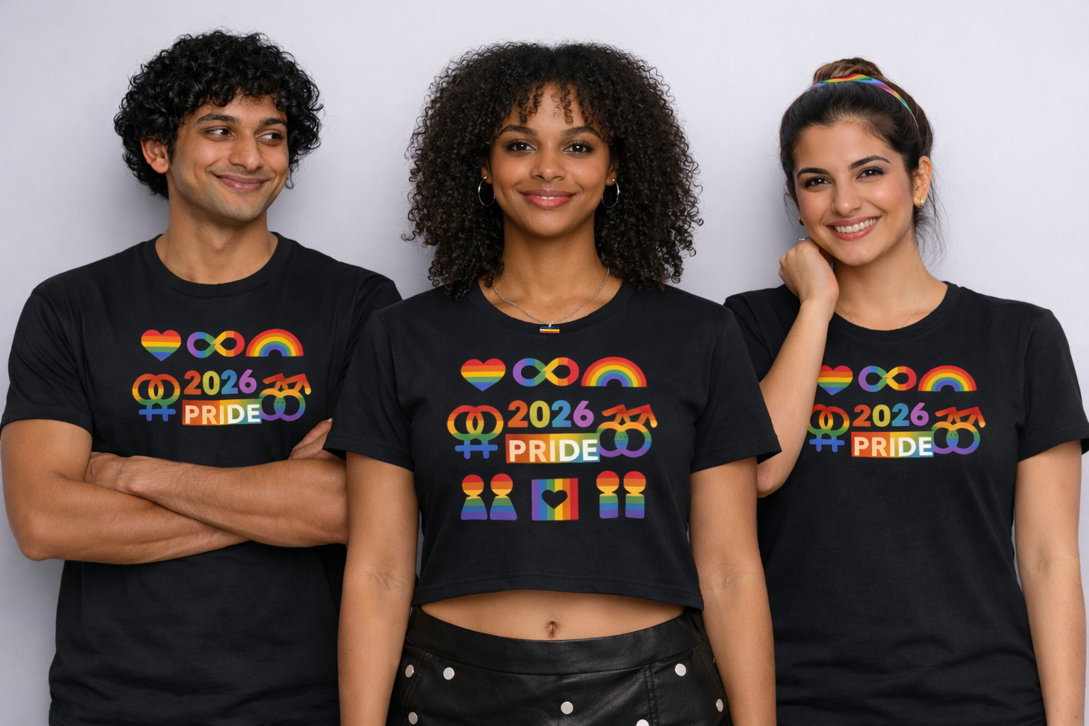 2026 Pride Tee — Rainbow LGBTQ+ Icons Shirt (front only design)