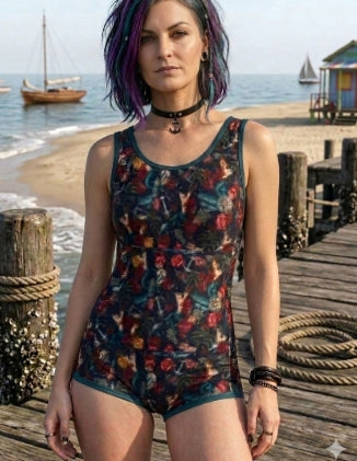 NEW DESIGN -Women's Nautical Flash-tattoo style swimsuit (Mermaid/Anchor/flowers print pattern)/ Vintage summer